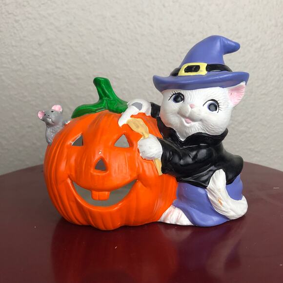 Vintage Hand Painted Halloween White Cat & Pumpkin Figure Decor - Picture 2 of 13